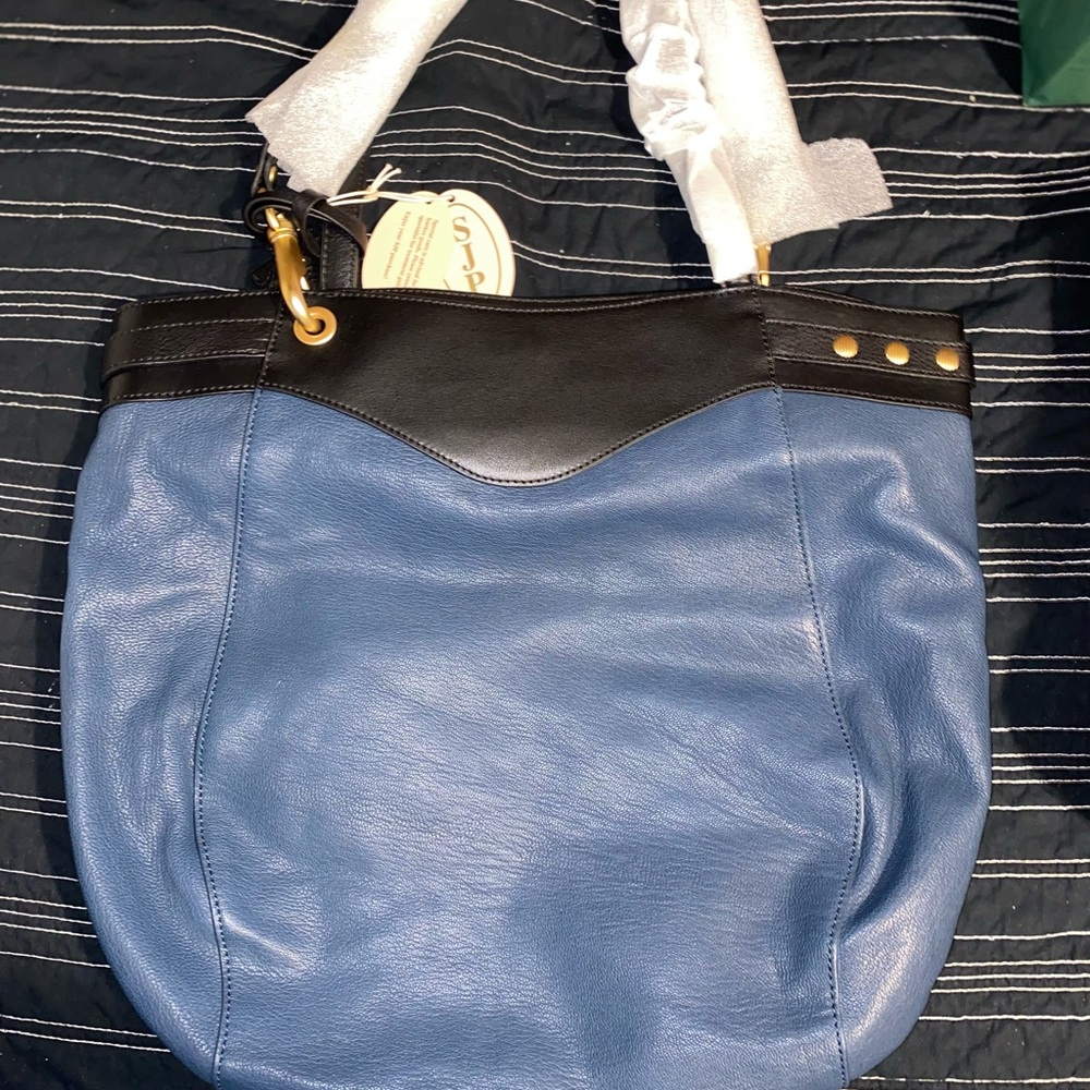SJP Elegant Blue and Black Leather Shoulder Bag